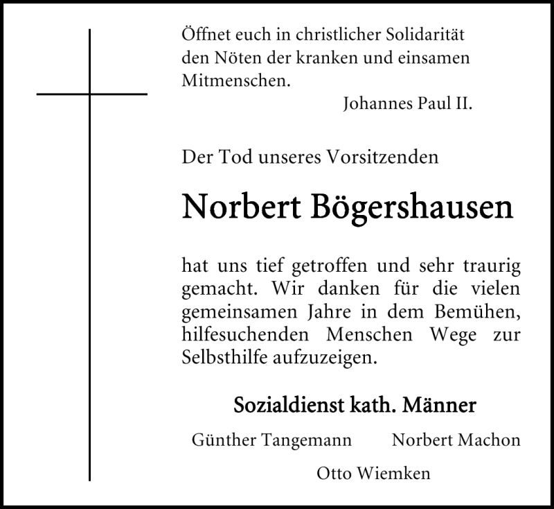  Traueranzeige für Norbert Bögershausen vom 27.01.2011 aus Nordwest-Zeitung