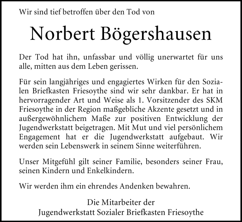  Traueranzeige für Norbert Bögershausen vom 27.01.2011 aus Nordwest-Zeitung