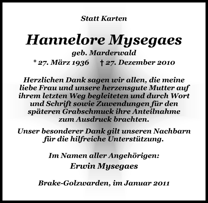  Traueranzeige für Hannelore Mysegaes vom 29.01.2011 aus Nordwest-Zeitung