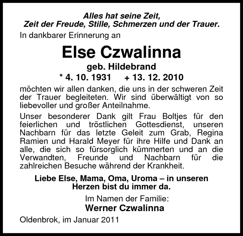  Traueranzeige für Else Czwalinna vom 29.01.2011 aus Nordwest-Zeitung