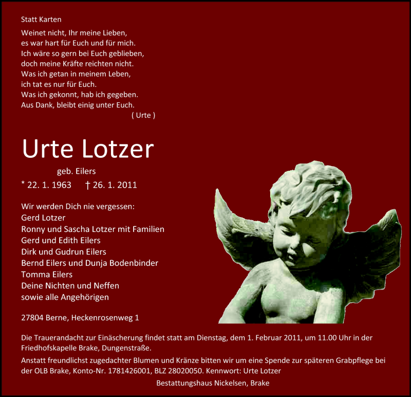  Traueranzeige für Urte Lotzer vom 29.01.2011 aus Nordwest-Zeitung