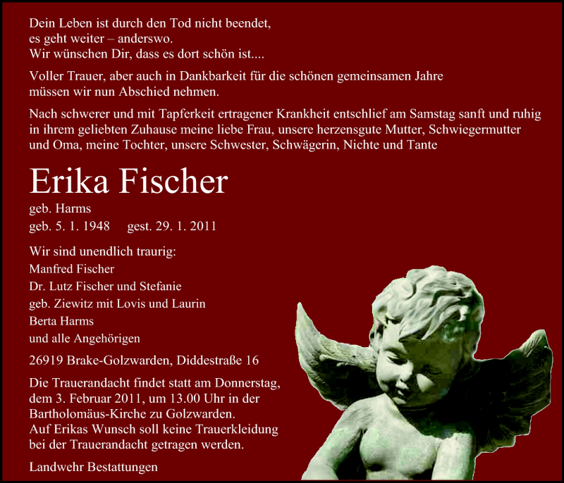  Traueranzeige für Erika Fischer vom 01.02.2011 aus Nordwest-Zeitung