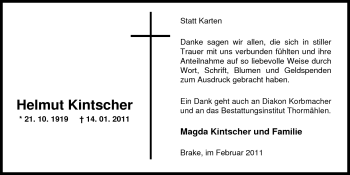 Traueranzeige von Helmut Kintscher von Nordwest-Zeitung