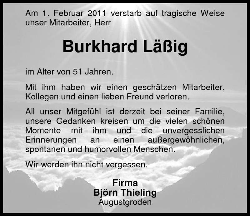  Traueranzeige für Burkhard Läßig vom 05.02.2011 aus Nordwest-Zeitung