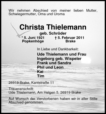 Traueranzeige von Christa Thielemann von Nordwest-Zeitung