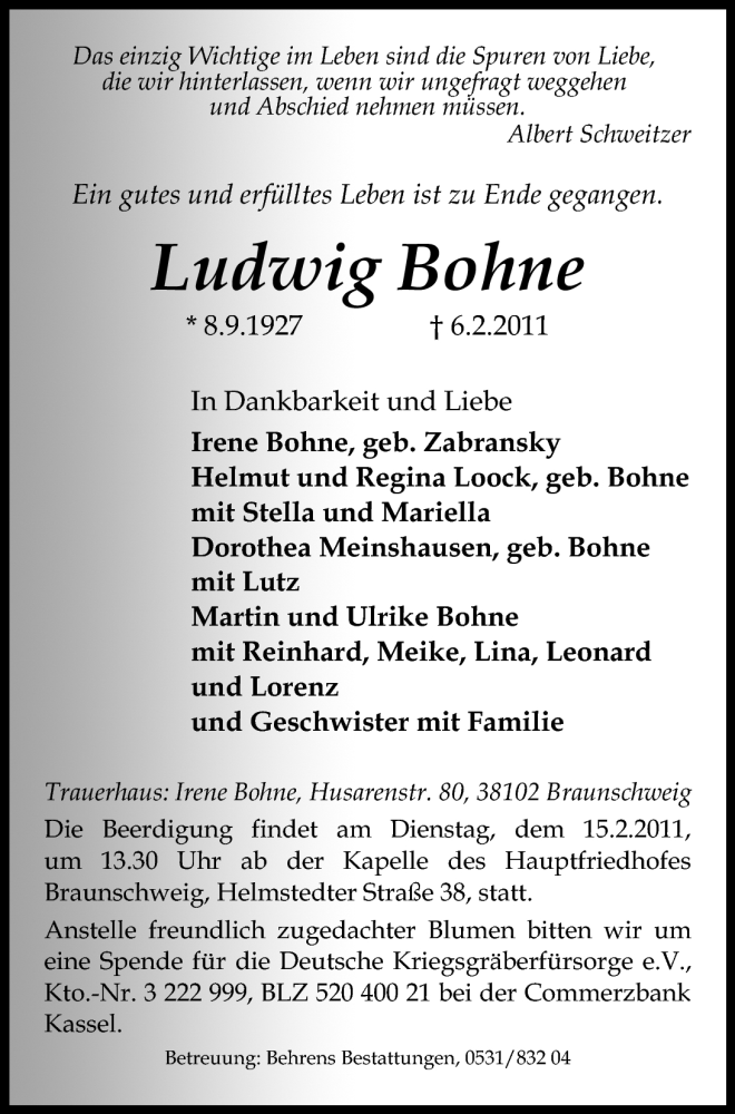  Traueranzeige für Ludwig Bohne vom 10.02.2011 aus Nordwest-Zeitung