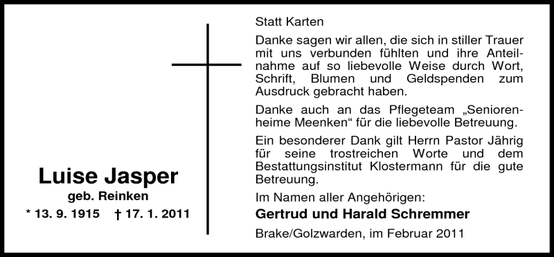  Traueranzeige für Luise Jasper vom 12.02.2011 aus Nordwest-Zeitung