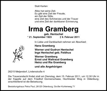 Traueranzeige von Irma Gramberg von Nordwest-Zeitung