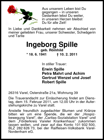 Traueranzeige von Ingeborg Spille von Nordwest-Zeitung