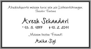 Traueranzeige von Aresh Sekandari von Nordwest-Zeitung