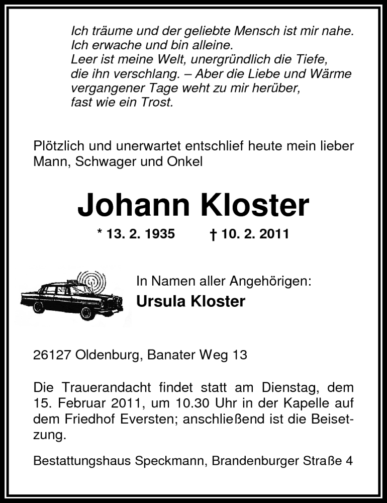  Traueranzeige für Johann Kloster vom 12.02.2011 aus Nordwest-Zeitung