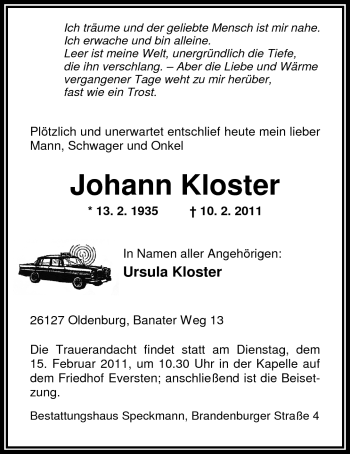 Traueranzeige von Johann Kloster von Nordwest-Zeitung