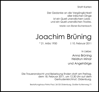 Traueranzeige von Joachim Brüning von Nordwest-Zeitung