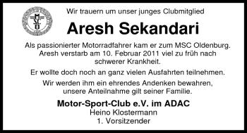 Traueranzeige von Aresh Sekandari von Nordwest-Zeitung