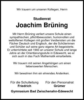 Traueranzeige von Joachim Brüning von Nordwest-Zeitung