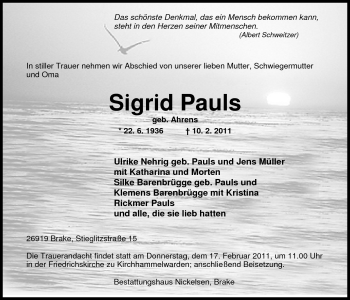 Traueranzeige von Sigrid Pauls von Nordwest-Zeitung