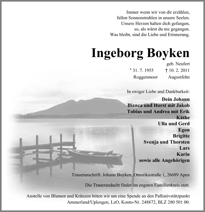  Traueranzeige für Ingeborg Boyken vom 14.02.2011 aus Nordwest-Zeitung