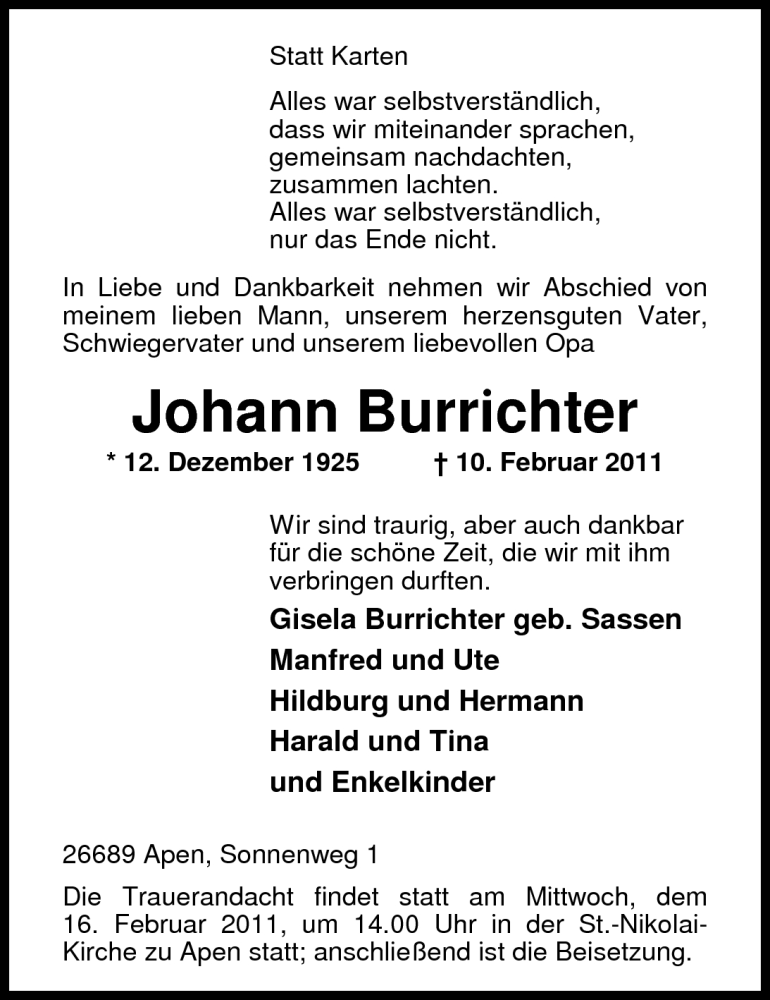  Traueranzeige für Johann Burrichter vom 12.02.2011 aus Nordwest-Zeitung