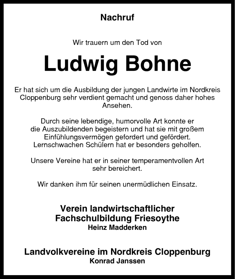  Traueranzeige für Ludwig Bohne vom 12.02.2011 aus Nordwest-Zeitung