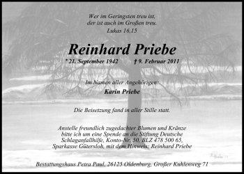 Traueranzeige von Reinhard Priebe von Nordwest-Zeitung