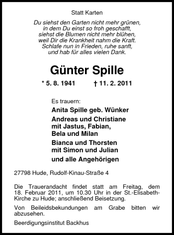 Traueranzeige von Günter Spille von Nordwest-Zeitung