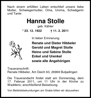 Traueranzeige von Hanna Stolle von Nordwest-Zeitung