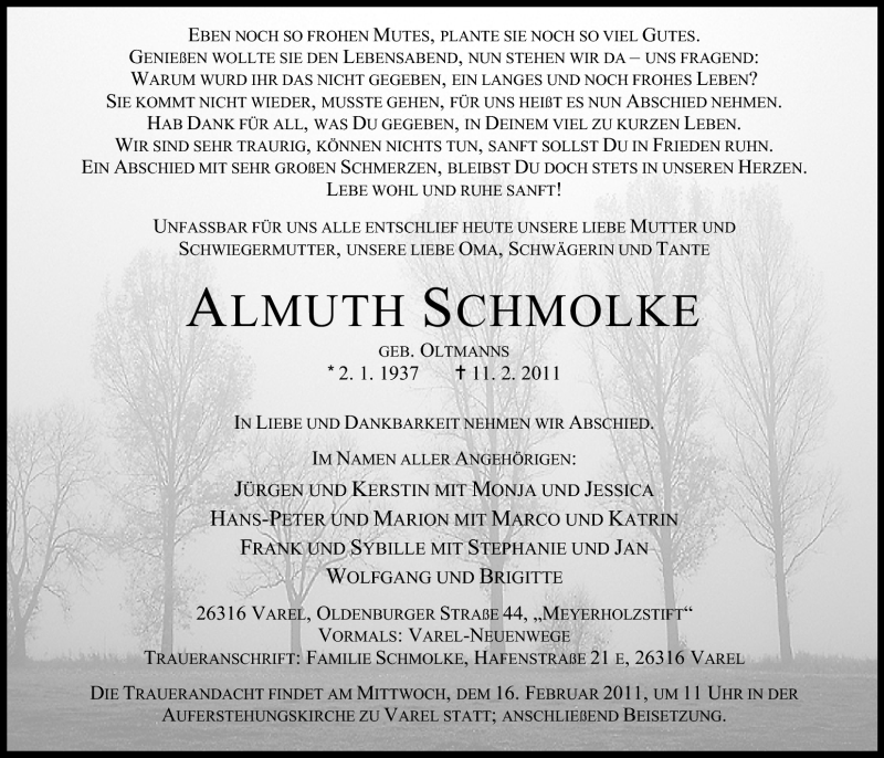  Traueranzeige für Almuth Schmolke vom 14.02.2011 aus Nordwest-Zeitung