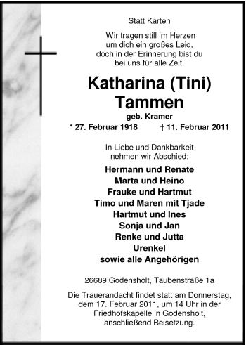 Traueranzeige von Katharina (Tini) Tammen von Nordwest-Zeitung