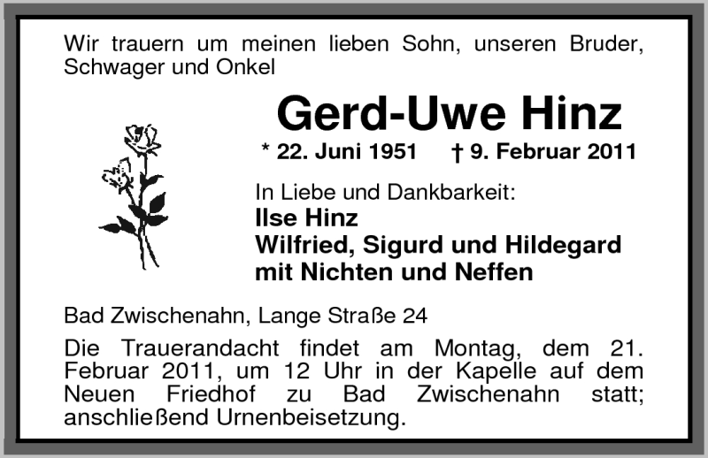  Traueranzeige für Gerd-Uwe Hinz vom 15.02.2011 aus Nordwest-Zeitung