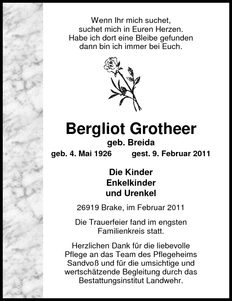  Traueranzeige für Bergliot Grotheer vom 16.02.2011 aus Nordwest-Zeitung