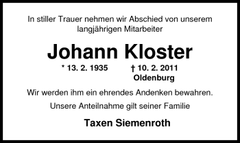 Traueranzeige von Johann Kloster von Nordwest-Zeitung
