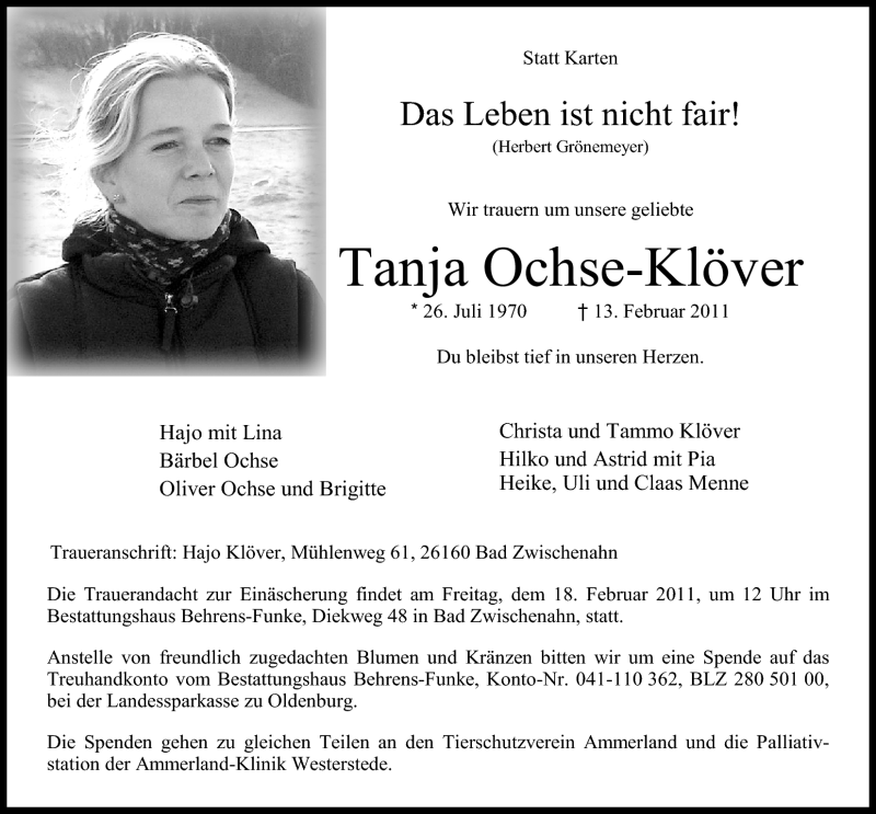  Traueranzeige für Tanja Ochse-Klöver vom 16.02.2011 aus Nordwest-Zeitung