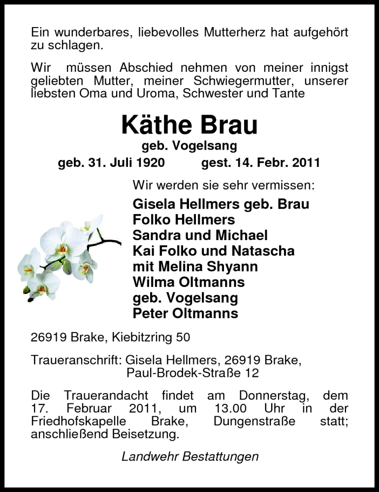  Traueranzeige für Käthe Brau vom 16.02.2011 aus Nordwest-Zeitung