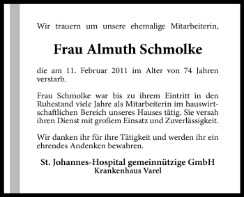 Traueranzeige von Almuth Schmolke von Nordwest-Zeitung