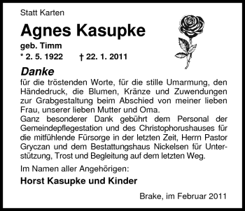 Traueranzeige von Agnes Kasupke von Nordwest-Zeitung