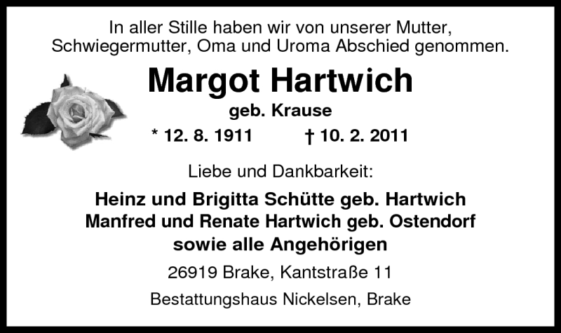  Traueranzeige für Margot Hartwich vom 17.02.2011 aus Nordwest-Zeitung