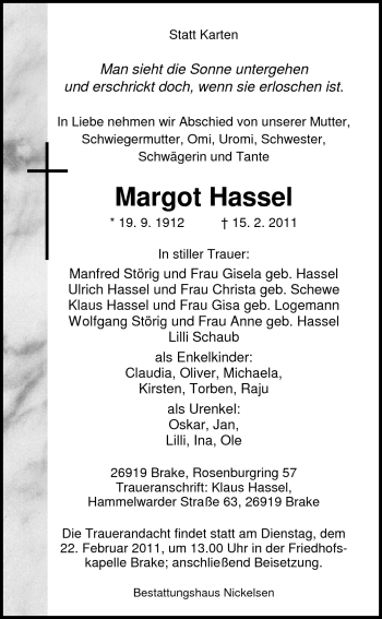 Traueranzeige von Margot Hassel von Nordwest-Zeitung