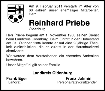 Traueranzeige von Reinhard Priebe von Nordwest-Zeitung