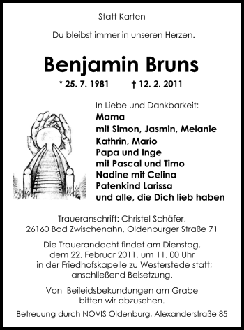 Traueranzeige von Benjamin Bruns von Nordwest-Zeitung