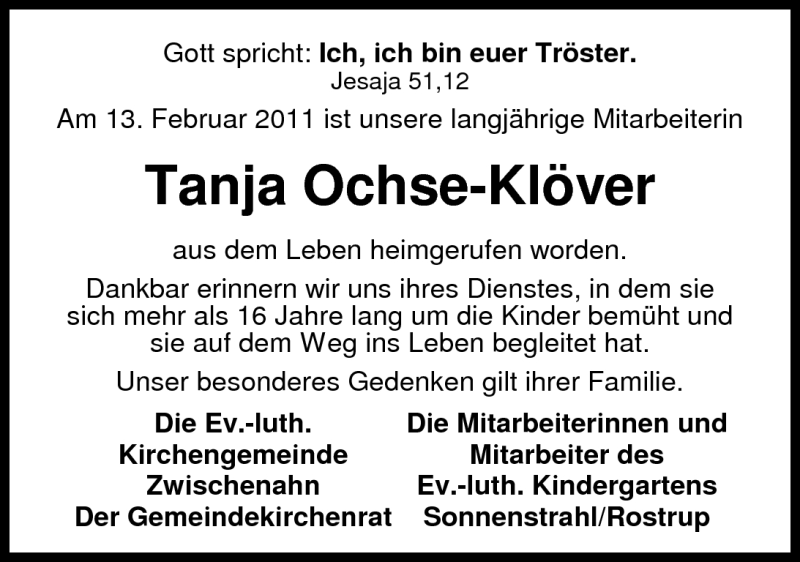  Traueranzeige für Tanja Ochse-Klöver vom 18.02.2011 aus Nordwest-Zeitung