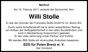 Traueranzeige von Willi Stolle von Nordwest-Zeitung