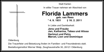 Traueranzeige von Florida Lammers von Nordwest-Zeitung