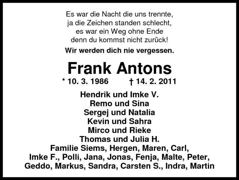  Traueranzeige für Frank Antons vom 18.02.2011 aus Nordwest-Zeitung