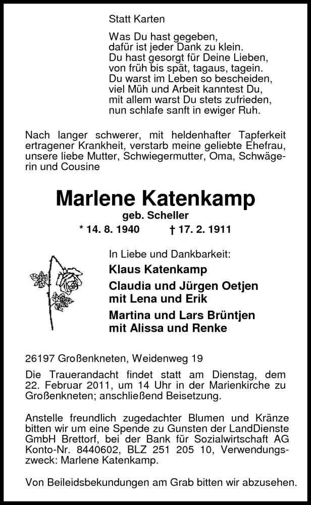  Traueranzeige für Marlene Katenkamp vom 19.02.2011 aus Nordwest-Zeitung
