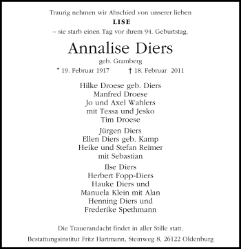 Traueranzeige von Annalise Diers von Nordwest-Zeitung