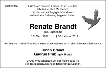 Traueranzeige von Renate Brandt von Nordwest-Zeitung
