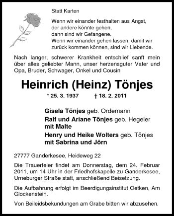 Traueranzeige von Heinrich (Heinz) Tönjes von Nordwest-Zeitung