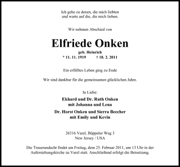 Traueranzeige von Elfriede Onken von Nordwest-Zeitung
