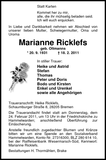 Traueranzeige von Marianne Ricklefs von Nordwest-Zeitung