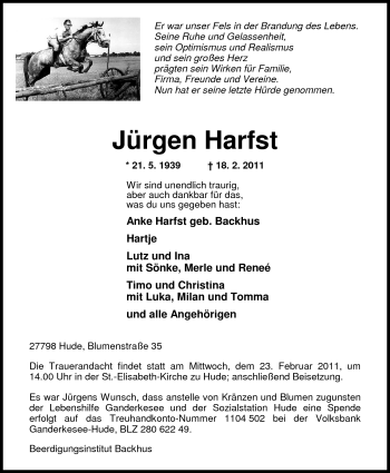 Traueranzeige von Jürgen Harfst von Nordwest-Zeitung